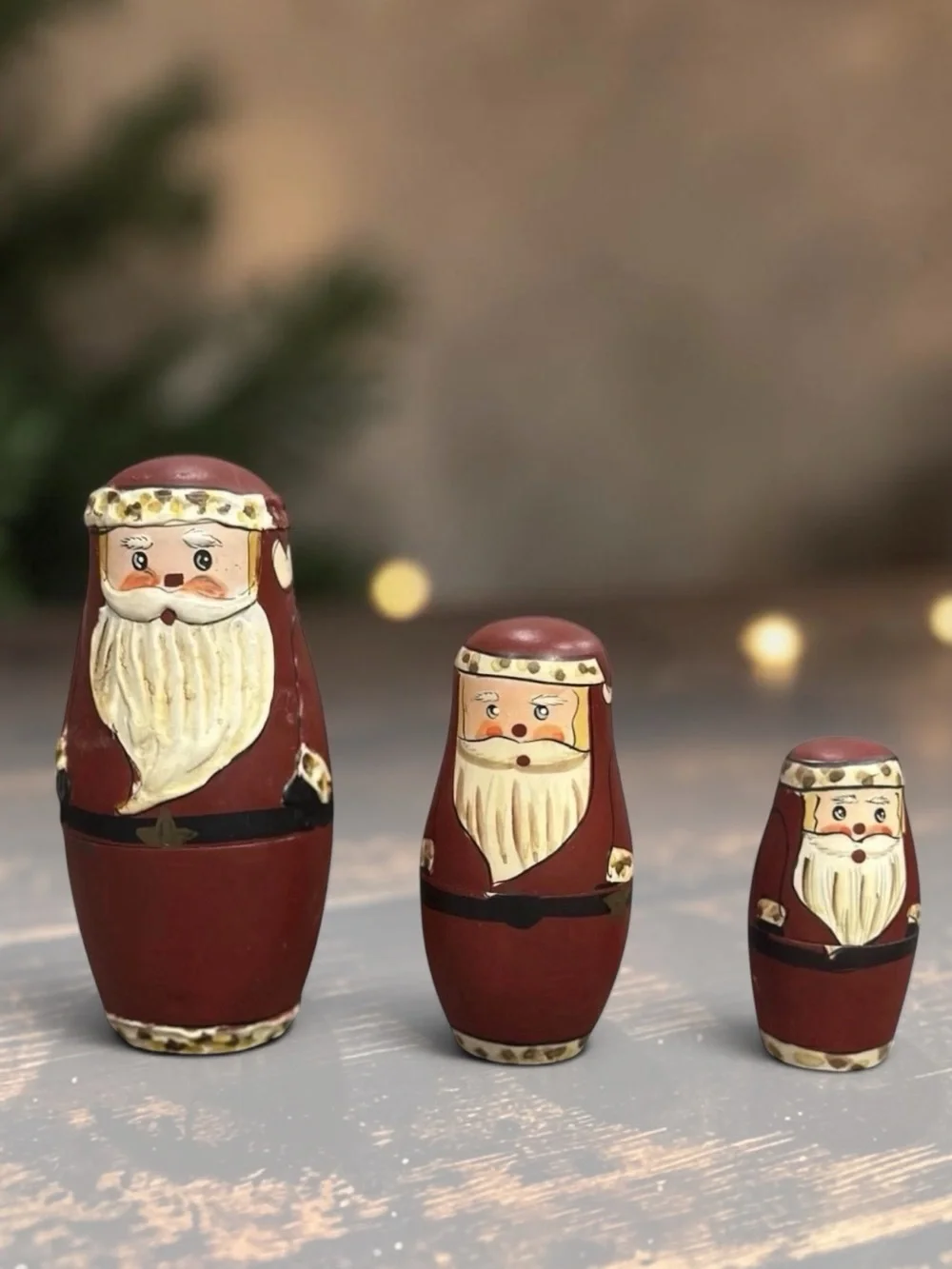 Vintage Wooden Santa Nesting Dolls Matryoshka Babushka Stacking Set Folk Art